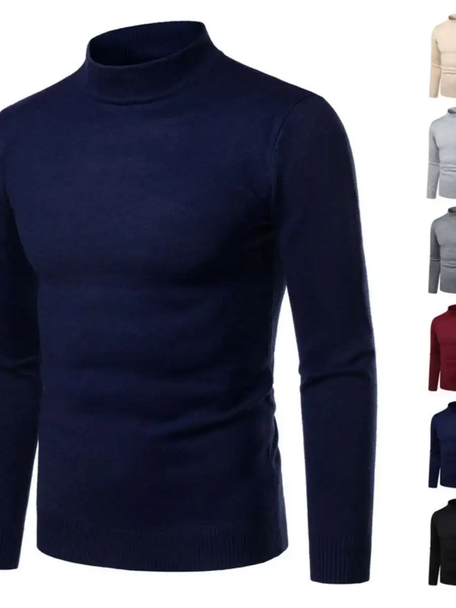 黒のスリムフィットメンズニットセーター、トレンディな秋冬ファッション、オーバーヘッドプルオーバー、韓国スタイル、カジュアルユースニットウェア