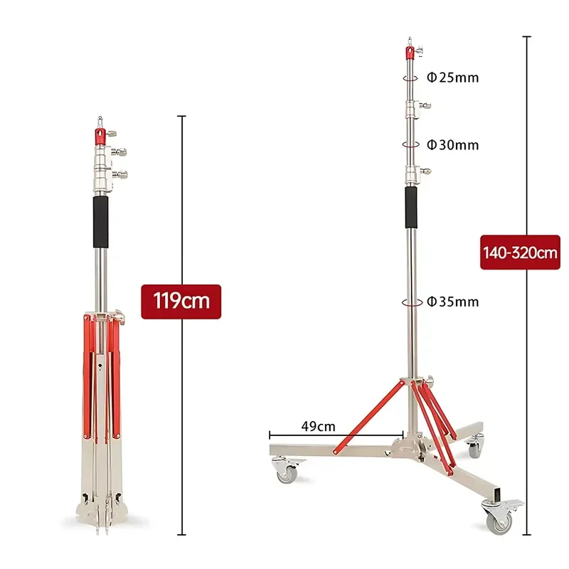 Heavy Duty Adjustable Stainless Steel Tripod with Wheels Professional 50kg Load Bearing Stand for Studio Equipment