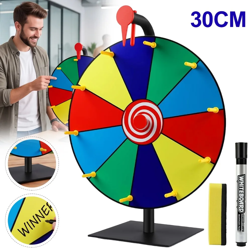 Roue de loterie rotative personnalisable de 12 pouces avec 10 emplacements effaçables à sec – Roue de jeu manuelle avec marqueur et effaceur pour carnavals, salons professionnels, salles de classe, fêtes et collectes de fonds, idéale pour le divertissement interactif et les événements portables.