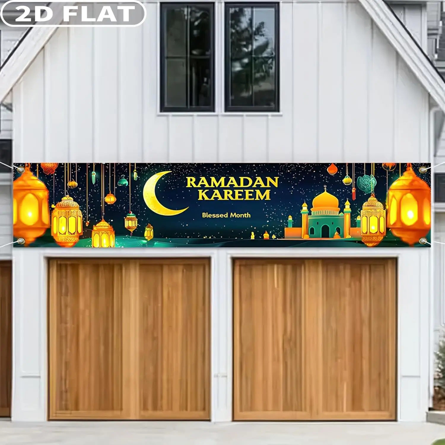 2D FLAT 1pc Ramadan Eid Mubarak Party Banner 17.72x78.74 Inch Polyester Muslim EID Mubarak Decor