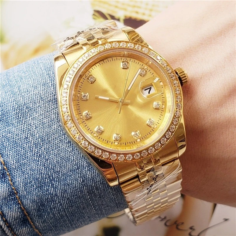 ساعة رجالي فاخرة مطلية بالذهب بإطار ماسي كامل وحركة ميكانيكية أوتوماتيكية متعددة الوظائف ساعة يد فولاذية بالكامل