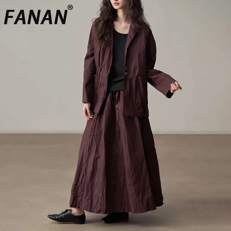

FANAN Women's 2 Piece Set Single Breasted Long Sleeve Loose Blazers+high Waist A-line Skirts Office Lady Suits 2025 Summer New