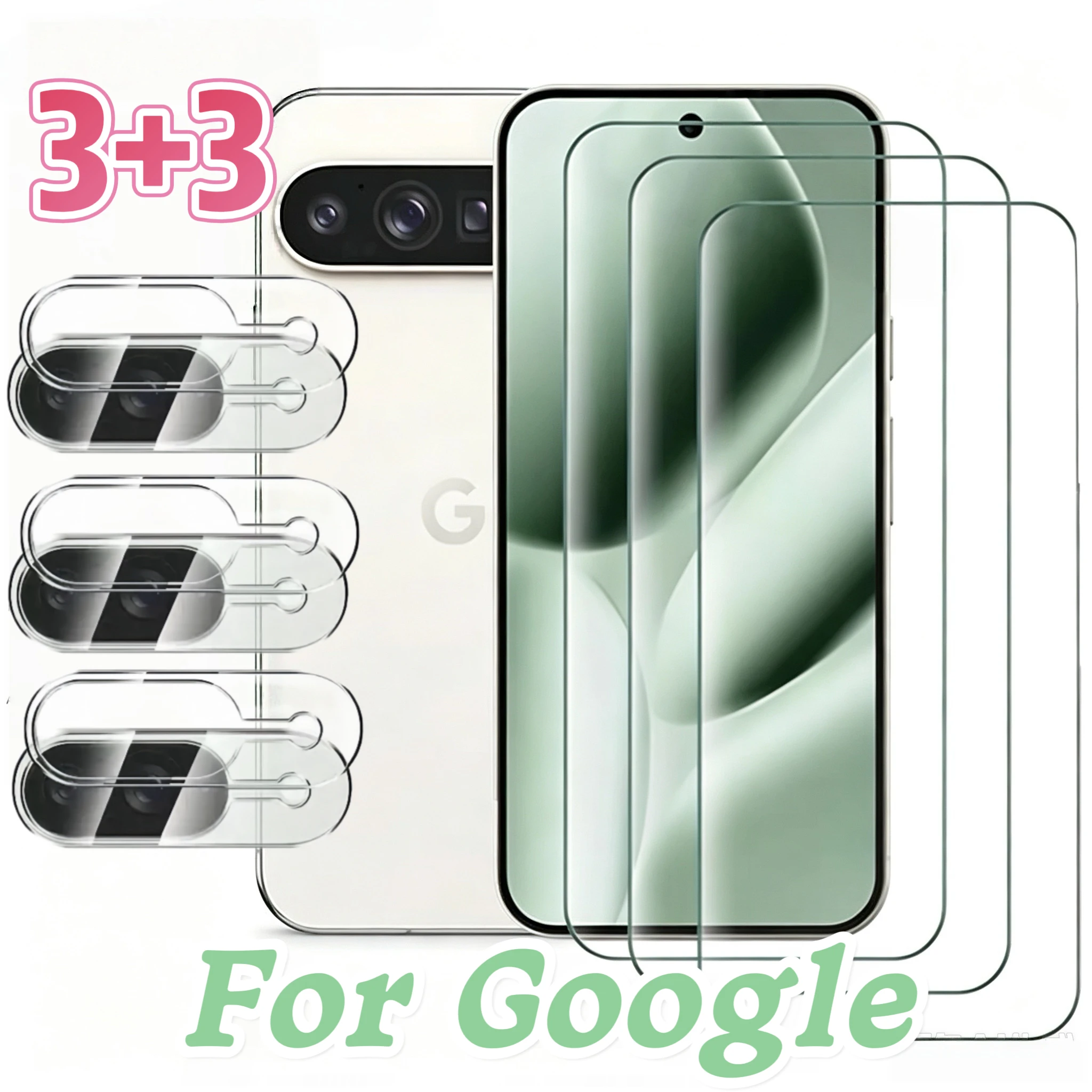 Lot de 3+3 pour Google Pixel, verre trempé HD 9H pour écran + protecteur d'objectif de caméra