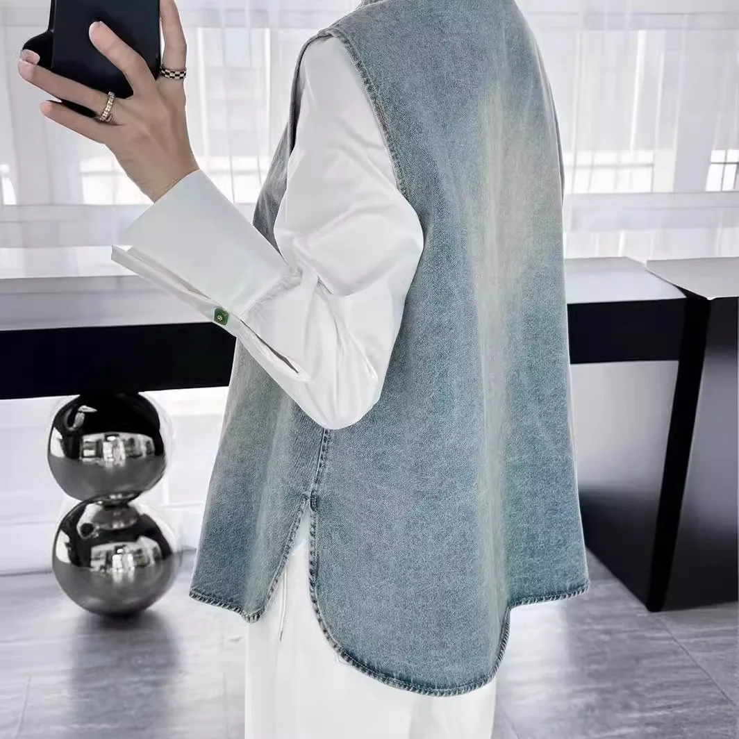 Denim Coats Women Vests Coat Round Neck Sleeveless Y2k Streetwear Jeans Jackets Work Casual Embroidery Splice Vest Jacket 2025