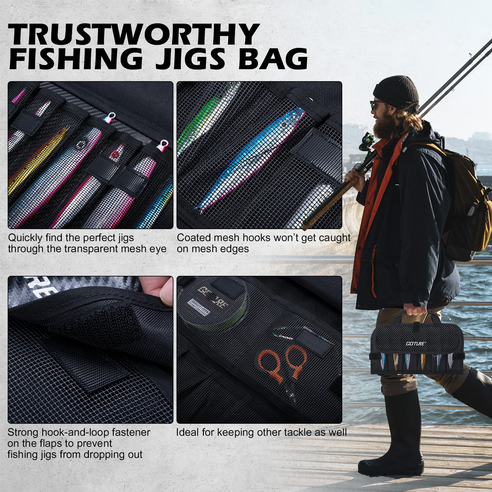 Tas Umpan Pancing Goture dengan Kantong Jaring Tahan Air 600D PU, Tas Umpan Pancing Air Asin dan Air Tawar, Kompartemen yang Dapat Dilepas