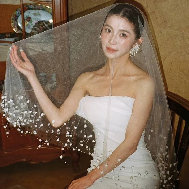 Neuer Maiglöckchen-Quastenschleier, super handgenähter Perlenschleier, feenhaft, perfekt für Brautkleider, Foto-Requisiten. – Detail 6