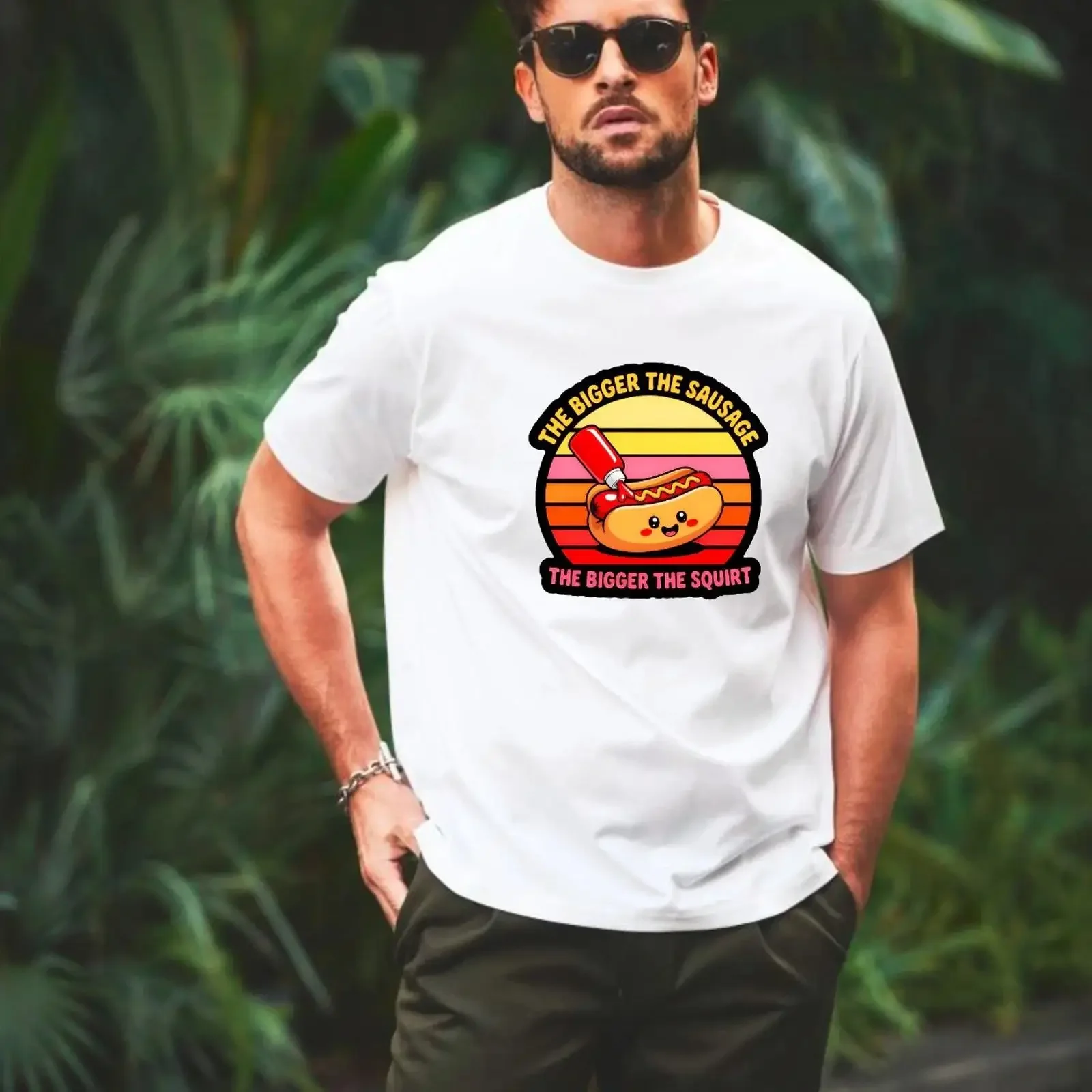 Funny T Shirt Hot Dog The Bigger Sausage Squirt Gag Adults Humor vintage Washed Unisex graphic streetwear Breathable Casual