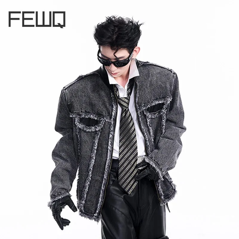 

FEWQ Design Spliced Denim Men's Jacket Autumn American High Street Solid Color Long Sleeve Vintage Male Tops Streetwear 24E2140