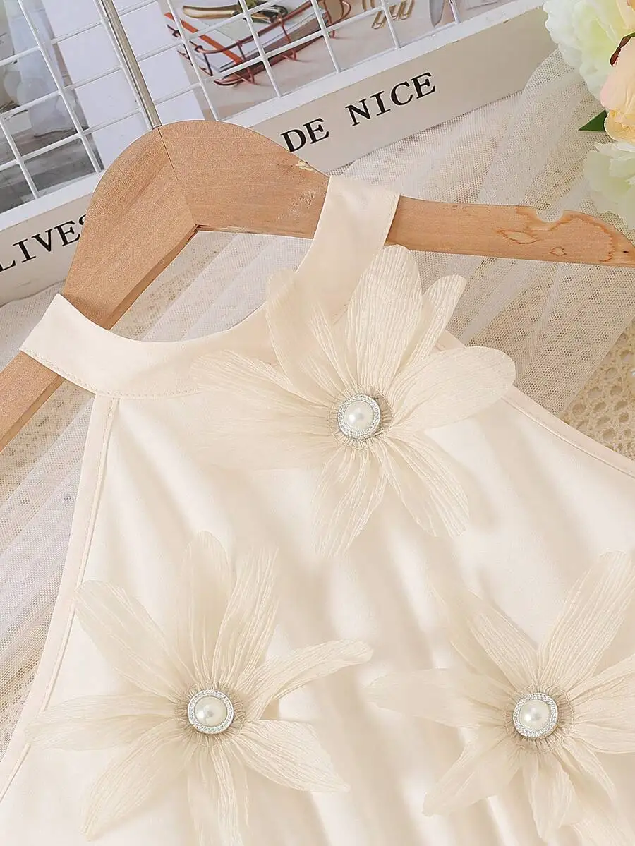 

Elegant French Style Beige Halter Neck 3D Floral Pleated Evening Dress For Women