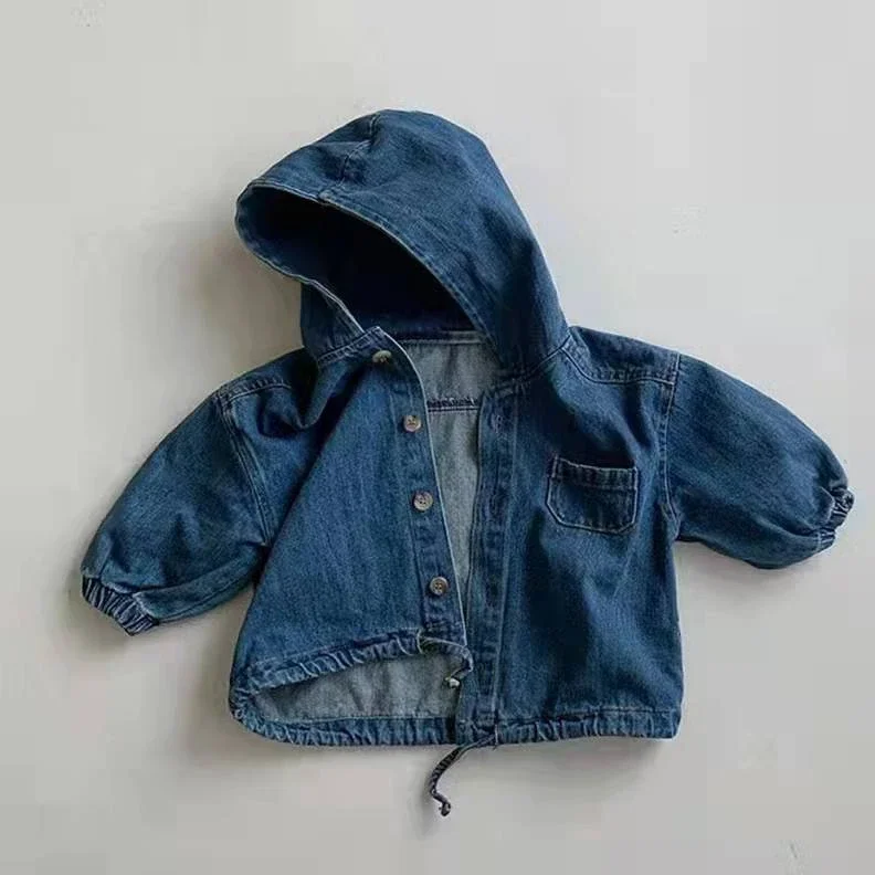 2024 Korean Children Clothing Baby Spring and Autumn Cardigan Simple and Stylish Hooded Denim Corduroy Casual Jacket