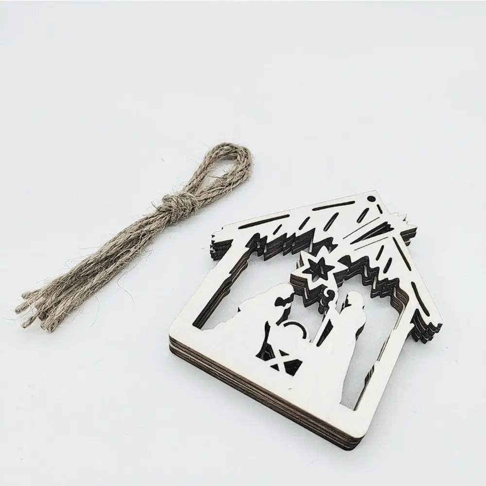 Castiçal religioso de madeira natural, pingente religioso de natal, enfeites de chip de madeira feitos à mão tradicionais