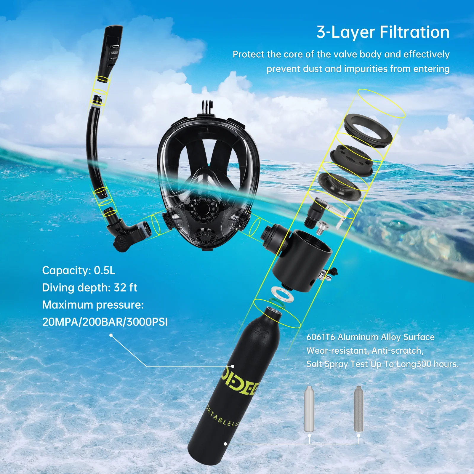 

Mini scuba diving tank, swimming and diving equipment and accessories
