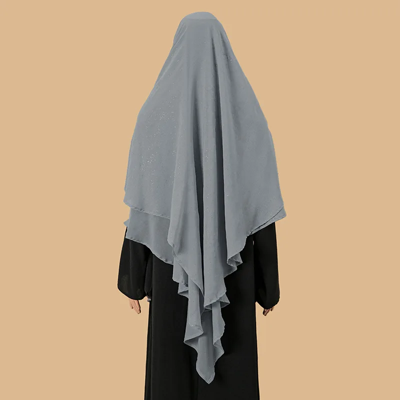 2025 Shimmer Eid Djellaba Vrouwen Moslim Gebed Kledingstuk Hijab Composiet Zijde Chiffon Chador Effen Overhead 2 Lagen Dame Khimar