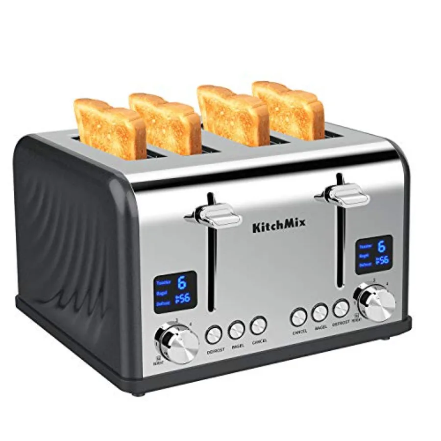 

4-Slice Bagel Toaster with Stainless Steel Finish Gray LCD Timer Extra Wide Slots Dual Screen Display Removable Crumb Tray