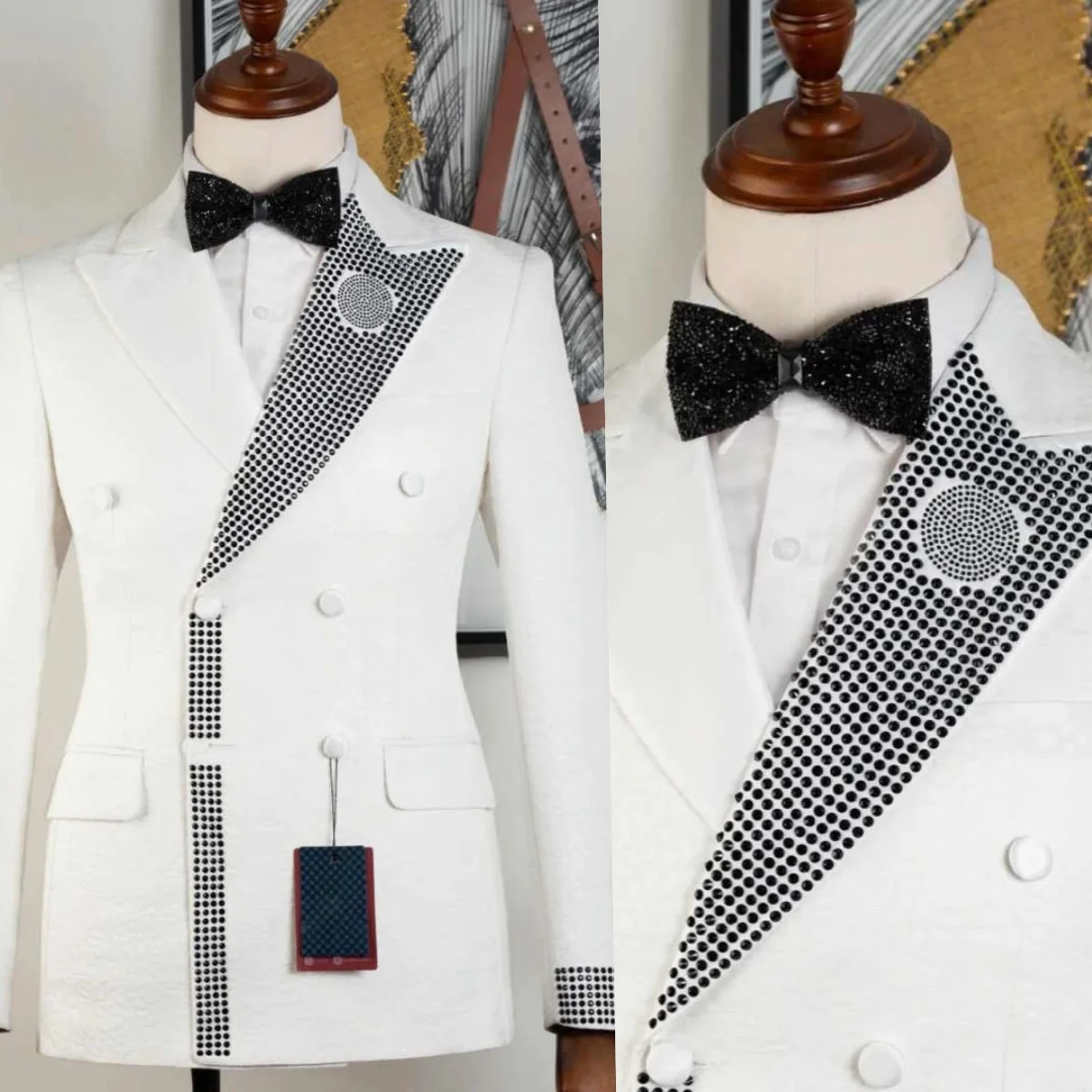 

Fashion Men Suits 2 Pieces Peaked Lapel Double Breasted Jacket Sets Crystals Jacquard Formal Party Customized Outfits