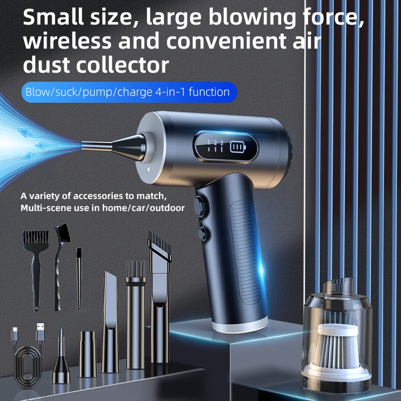 4-in-1 Cordless Electric Air Duster 68000RPM High Speed Blower 68W Powerful Mini Vacuum Cleaner with LED Light Type-C Rechargeab