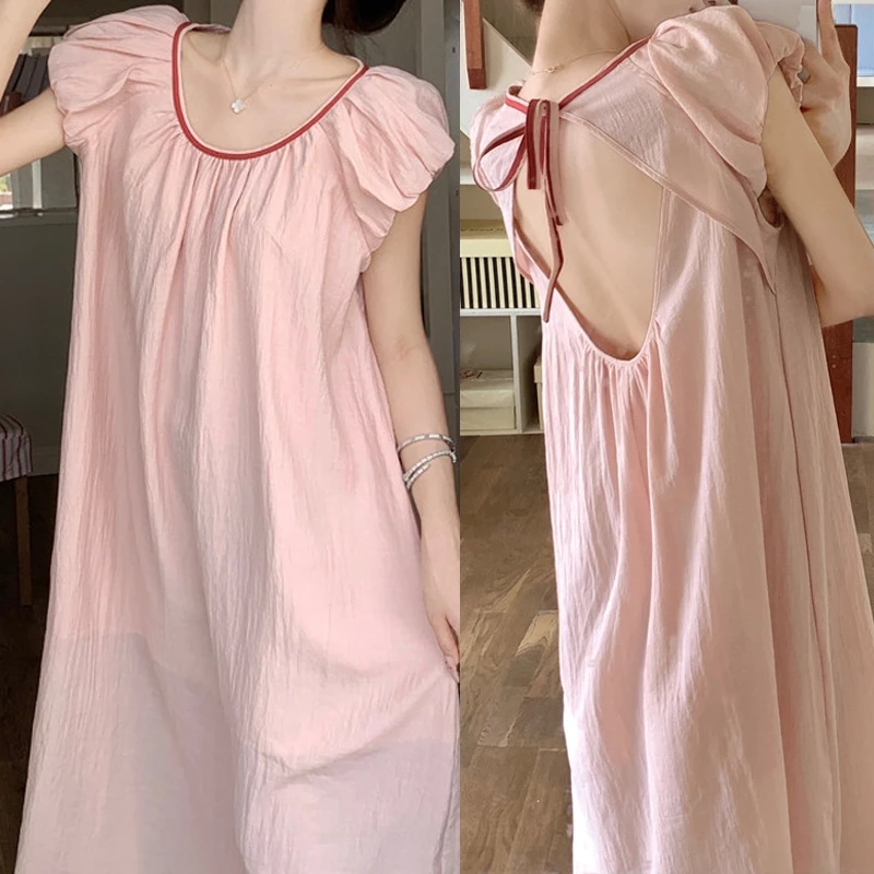 

Sweet Girls Backless Lace Up Nightgown Women's Princess Style Sleep Dress Soft Cotton One Piece Night Dress Loungewear