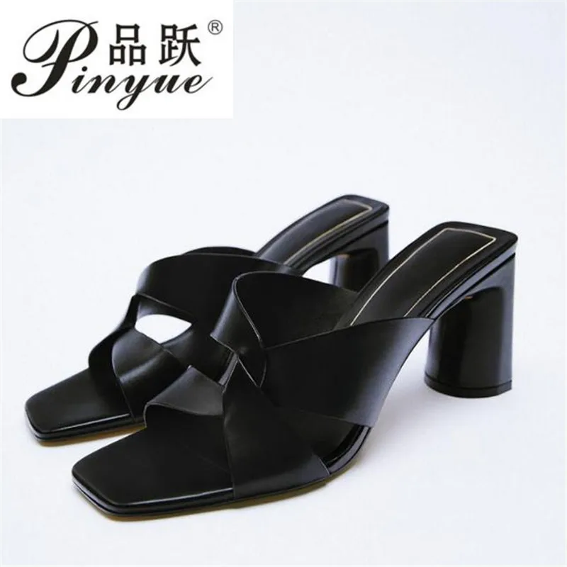 Summer new women\'s shoes brown black thick-heeled cow leather sandals square toe cross with open toe back high heels slippers