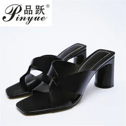 Summer new women's shoes brown black thick-heeled cow leather sandals square toe cross with open toe back high heels slippers