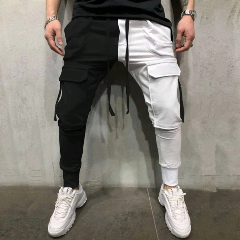 Mens Y2K Streetwear Black White Patchwork Cargo Pants Men HIp Hop Multiple Pockets Trousers Vintage Long Pants Pantalones Hombre