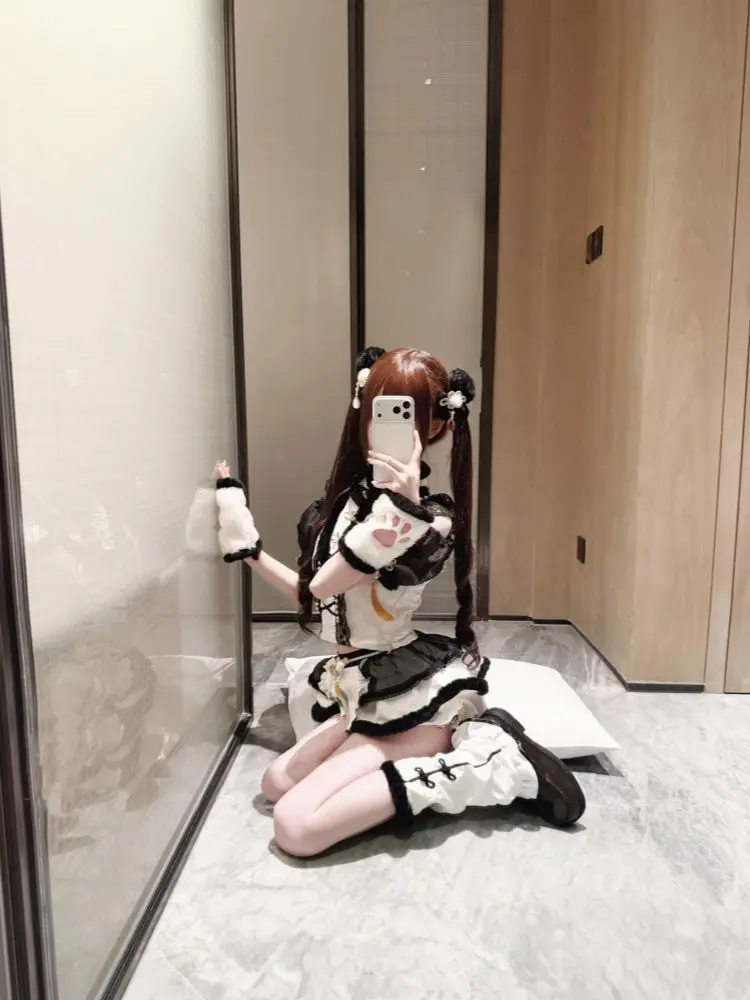 Sweet Kawaii 2 Piece Set Women Lace Bow Ruched Top High Waist Apron Mini Skirt Slim Fit Skirt Elegant Party Female Outfits 2026 view 4