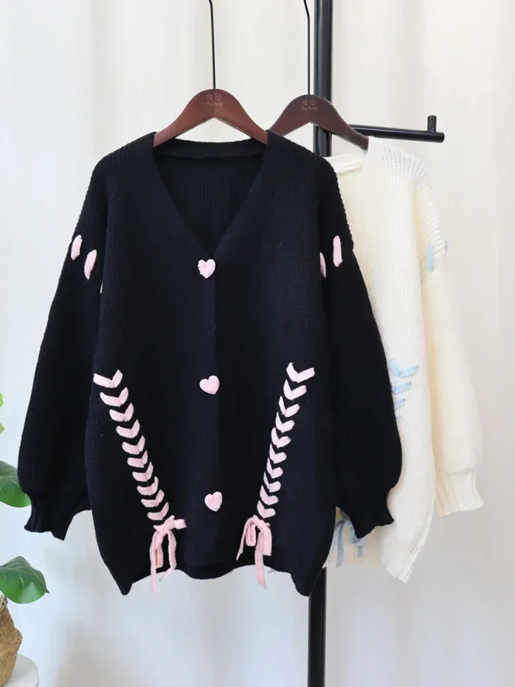 Fashion Oversize Knit Cardigan Fall/Winter New Design Lace-Up Love Button  Splicing Jacket Casual Y2k Loose Sweater Coat Women