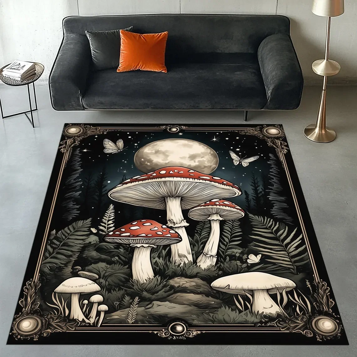 Night Themed Mushroom Rug, Mushroom Area Rug, Botanical Rug, Forest Inspired Rug, Garden Themed Rug, Full Moon and Mushroom Rug