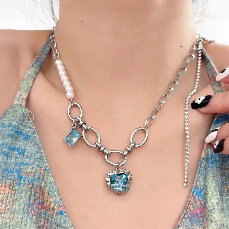 قلادة على شكل قلب من الزركون للنساء ، سلسلة رائعة حلوة فاخرة ، ربط اللؤلؤ ، هدية مجوهرات الزفاف ، أزرق ، موضة ، Y2K