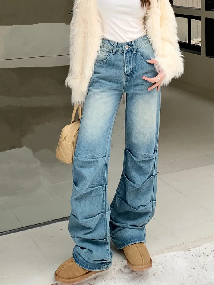 

2023 Y2K Fashion Washed Blue Pleated New Jeans Kpop Pants For Women Clothing Straight Lady Elegant Old Denim Trousers Ropa Mujer