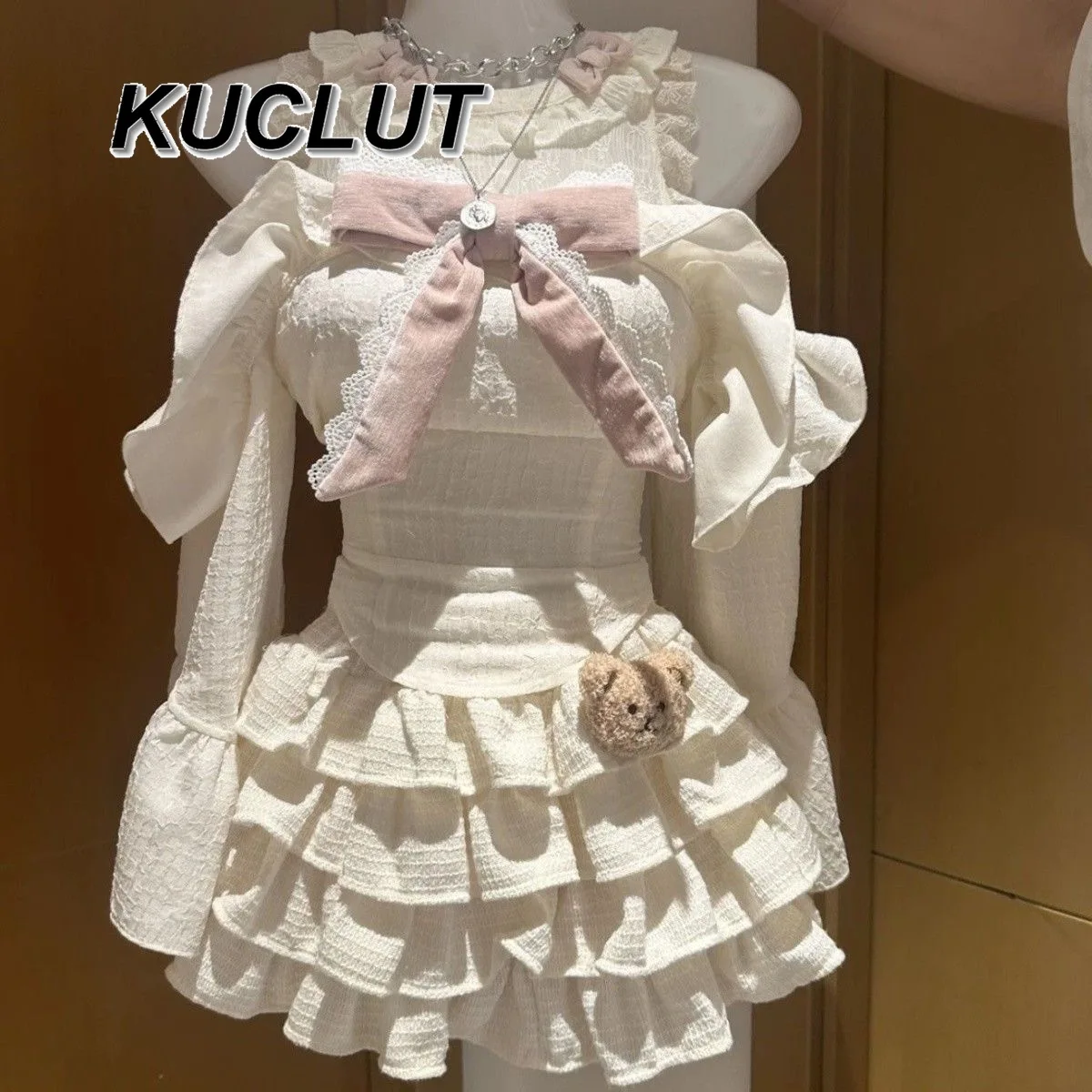 

Bow Lace Off Shoulder Long Sleeve Top Cake Puff Skirt Set Fashion Sweet and Cute Summer 2025 New Women's Two Piece Sets