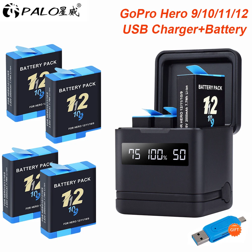 

PALO 2000mAh For GoPro Hero 12 11 10 Battery +LCD 3-Slots USB Charger For GoPro Hero 9 10 hero 11 hero 12 Action Sports Camera