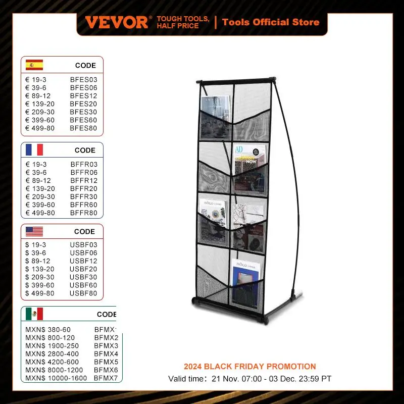 VEVOR Brochure Display Stand 4-Tier 8 Pockets Mesh Literature Display Holder Floor Standing Magazine Newspaper Catalog Rack Shop