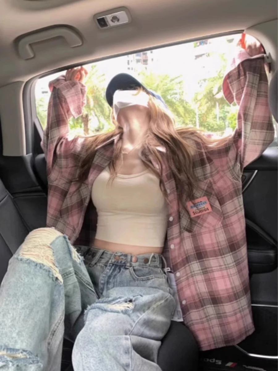 Plus Size Roze Plaid Zonwering irt Dames Zomer 2025, Nieuwe Sle Amerikaanse Retro Losse irt Jaet Trendy Kraag