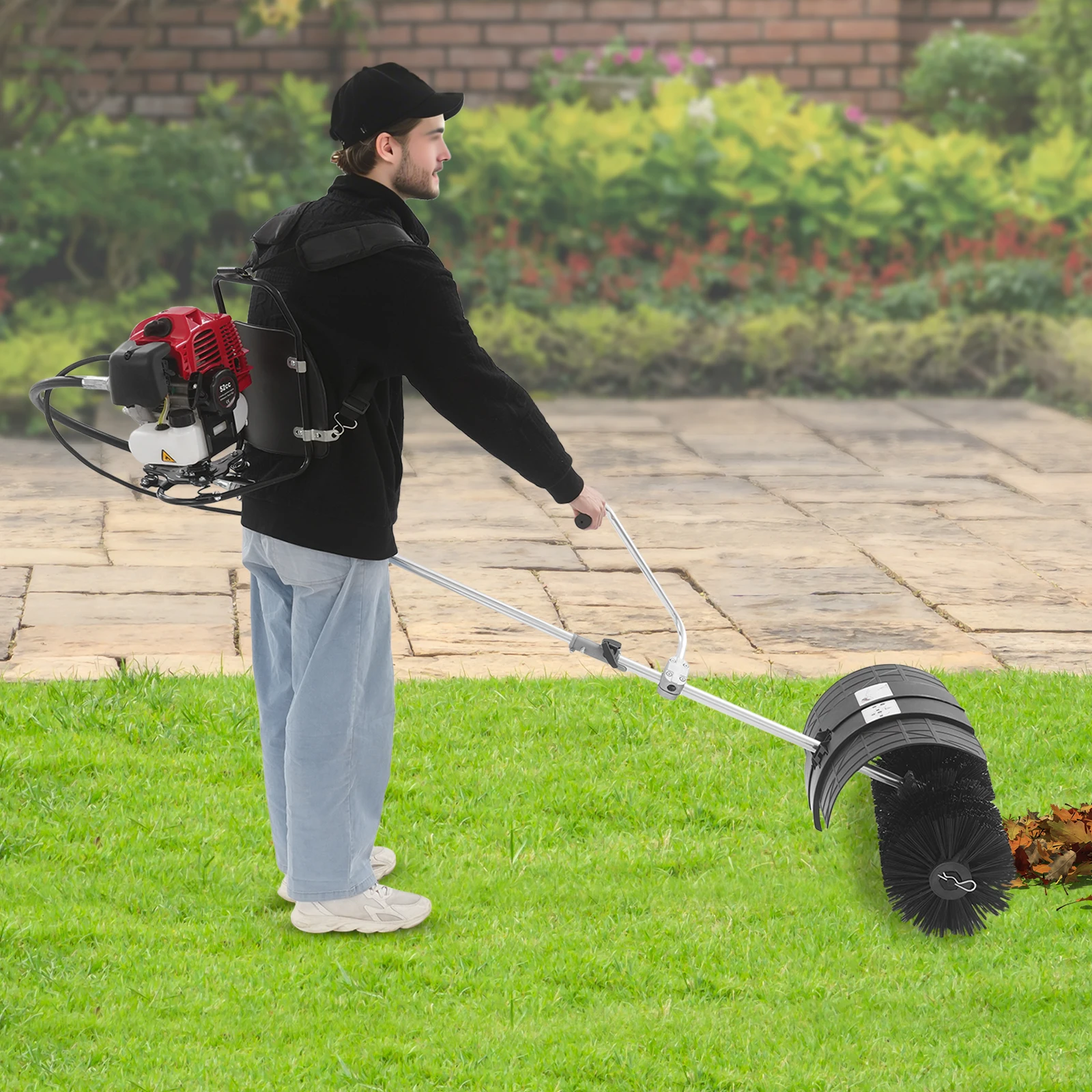 

Backpack Gasoline Power Broom, 52cc 2-Stroke Engine,153cm Handle Length for Lawn Turf Cleaning,Artificial Grass Sweeper,180x40cm