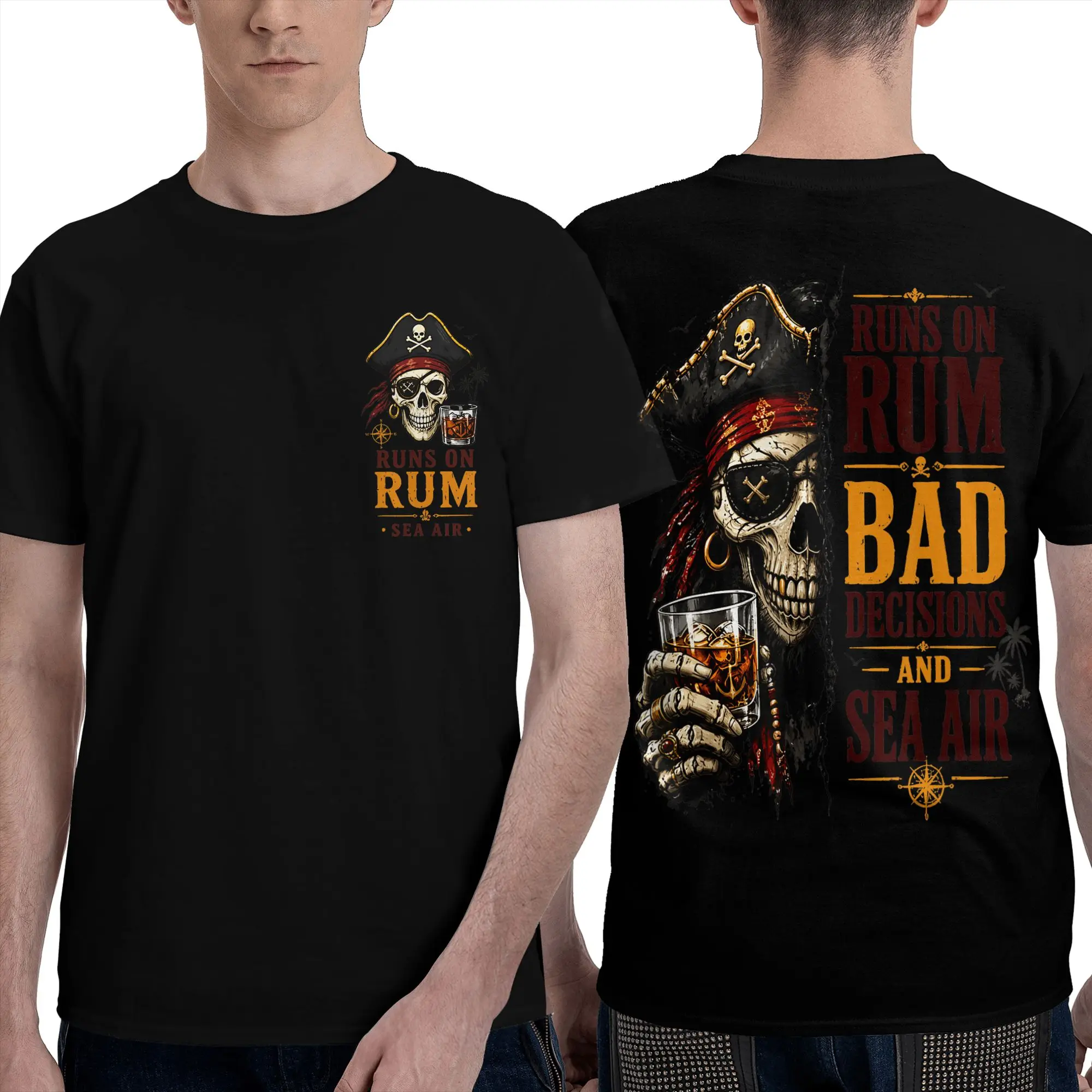 Man T Shirt Runs On Rum Bad Decisions and Sea Air Funny Pirate Skull T-Shirts Hip Hop  Summer Tee Shirt Y2K Cotton Clothing Gift
