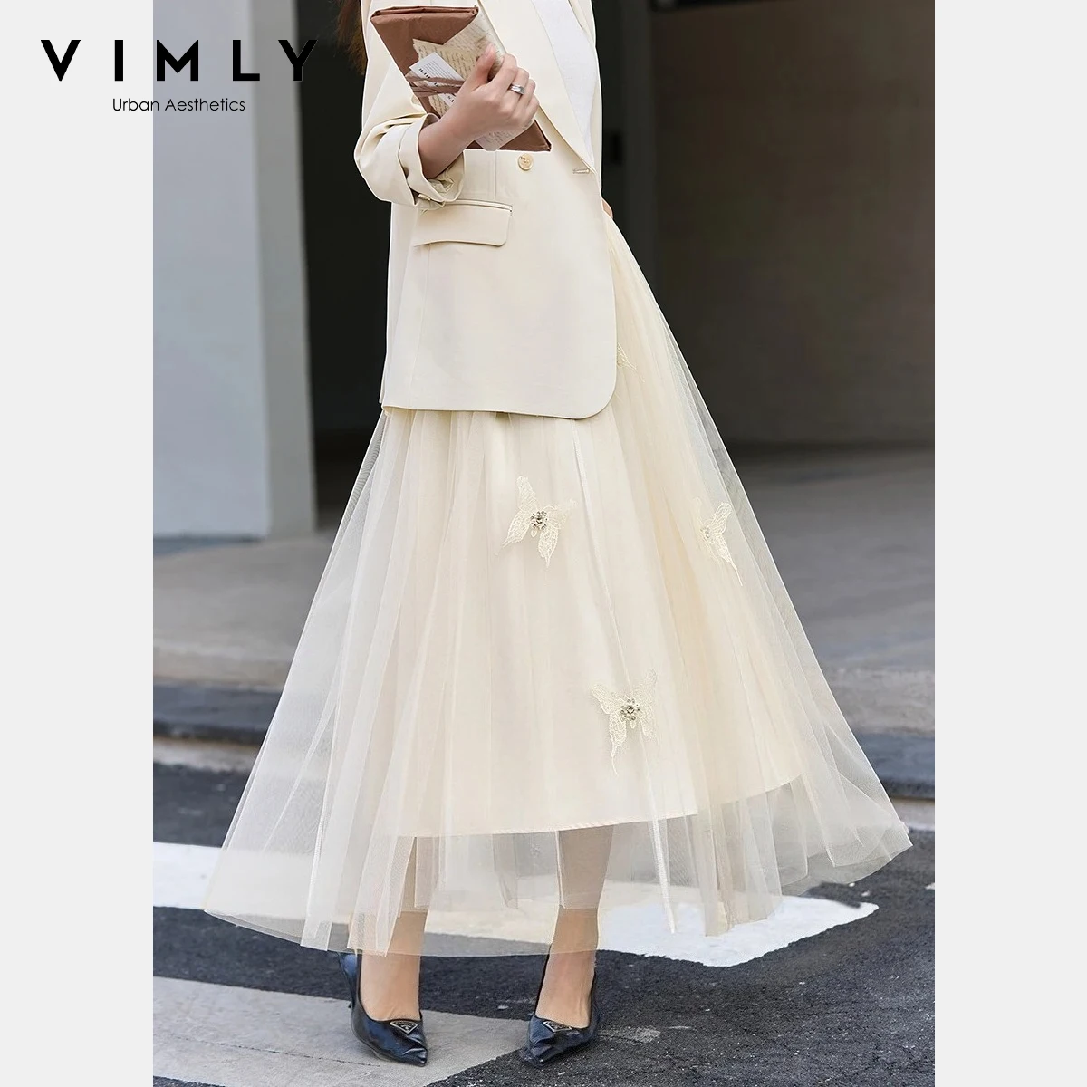 VIMLY Women's Elegant Apricot Mesh Skirt 2026 Spring New French 3D Butterfly Embroidery Knit Casual A-Line Midi Skirt A6030