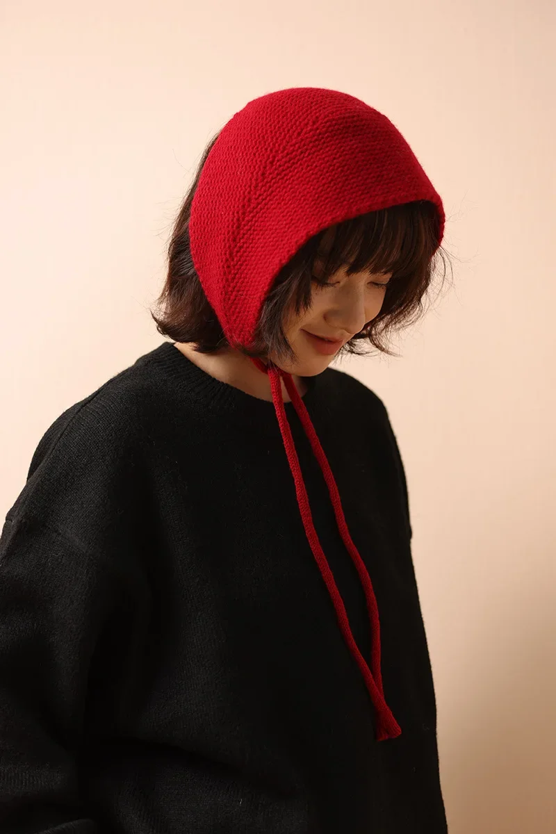 Korean 100% Wool Knitted Ear Headband Hat Retro with Lace-up Wool Half Hat Sweet Loli Wool Knitted Hairband