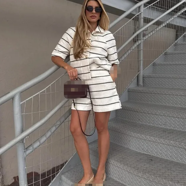 Casual Striped Women Shorts Set Lapel Single Breasted Half Sleeve Tops Pockets Mini Shorts Outfit 2025 Summer Fashion Lady Sets