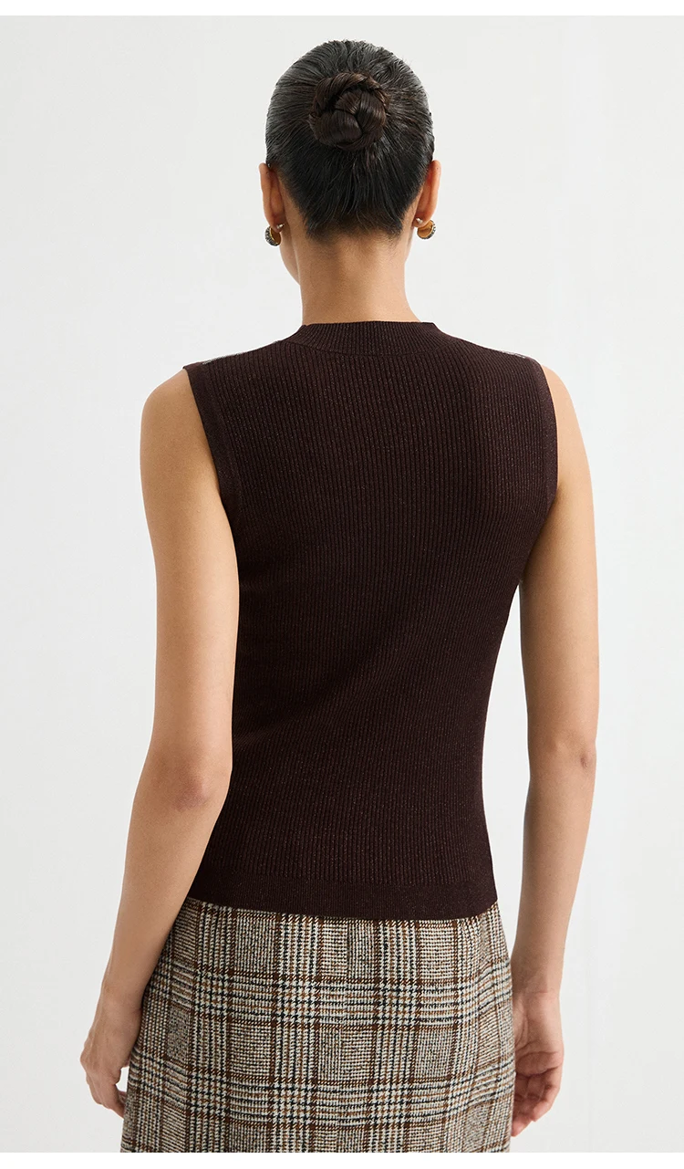 BY3621690 Damen-Rippenstrick-Weste mit Stehkragen, ärmellos, Wollmischung, Schulterkette, schmale Passform, elegant, für die Frühjahrskollektion – Detail 6