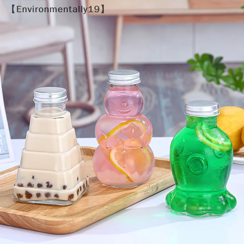 〔Envi〕300ml Glass Transparent Juice Bottle Jars With Aluminum Bottle Cap Snowman Octopus Pyramid Glass Bottle