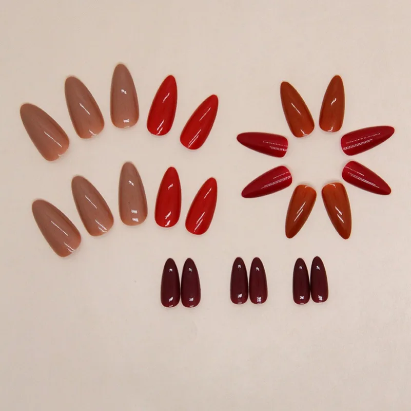 24pcs/set Medium Almond Elegance Press on Nails Long False Nail Art Acrylic Red Brown Stick-on Nails for Gluing Finger Nail Tips