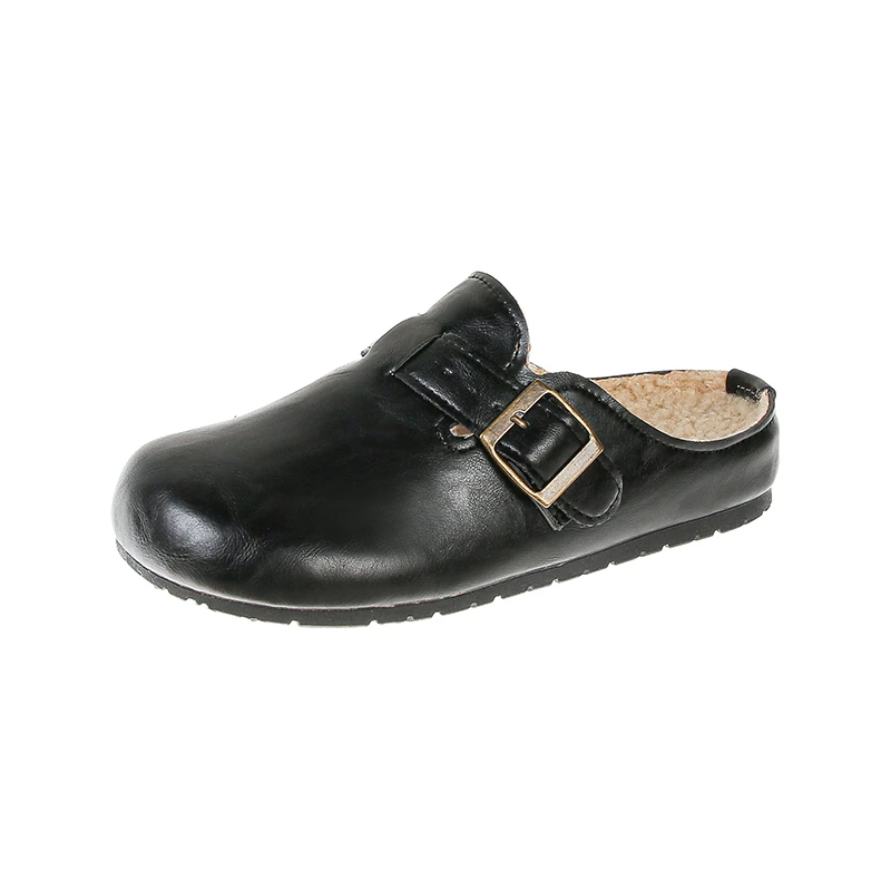 

2026 зимние модные современные тапочки на низком каблуке, женская обувь на плоской подошве с застежкой, высококачественные однотонные неглубокие новые женские тапочки