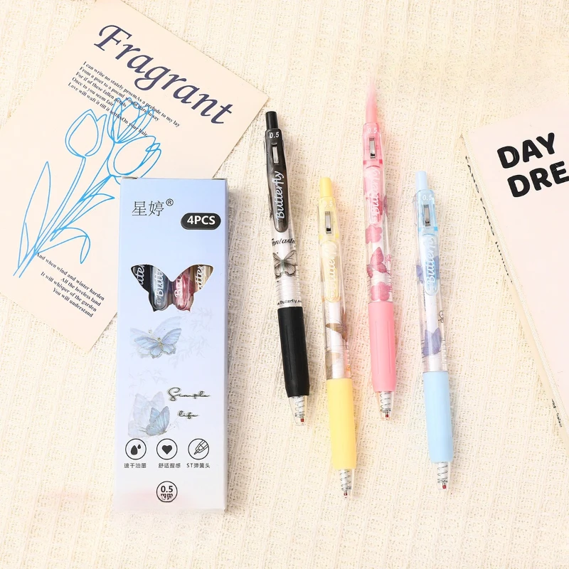 

4 шт./компл. эстетическая ручка-бабочка 0,5 мм, наконечник с черными чернилами, быстросохнущая гелевая ручка с кнопкой StudyTok Kawaii, подарочный набор «Снова в школу»