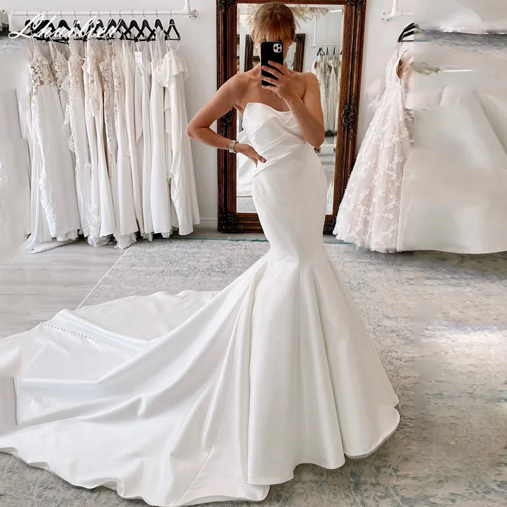 

Lhuillier Elegant Strapless Mermaid Wedding Dresses Sleeveless Pleated Satin Bridal Dress with Chapel Train