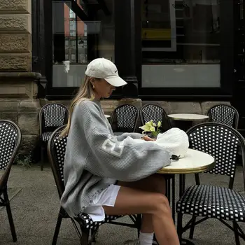 時尚寬鬆字母提花針織套頭衫 女款 2025 秋季新款 高街灰色黑色柔軟毛衣 性感百搭單品 8 最佳銷售 套頭毛衣 - №3