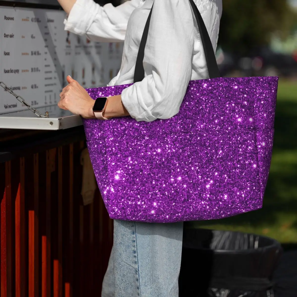 Purple Sparkly Glitter Printing Beach Tote Bag Sport Gym Yoga Duffle Large Tote Bag Women Travel Bag Fitness bag