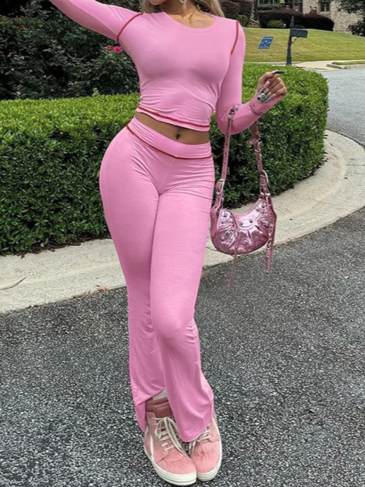 ชุดลำลองสองชิ้นสำหรับผู้หญิง สไตล์ไฮสตรีท สีพื้น คอกลม แขนยาว เสื้อครอปเข้ารูป กางเกงขาบาน แฟชั่นทันสมัย