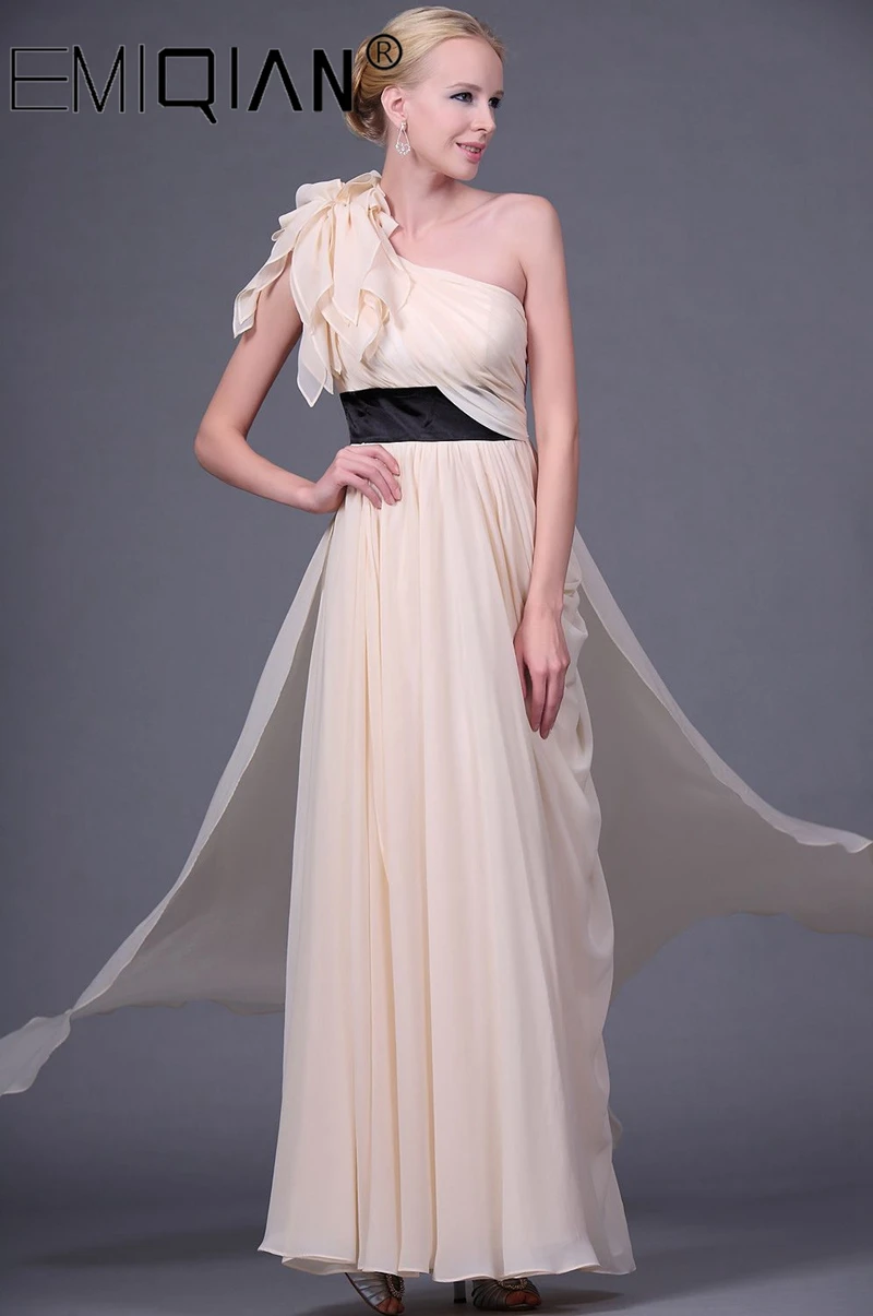 Amazing Party Dress Stylish Single Shoulder Floor Length Chiffon Evening Dress with Black Sash