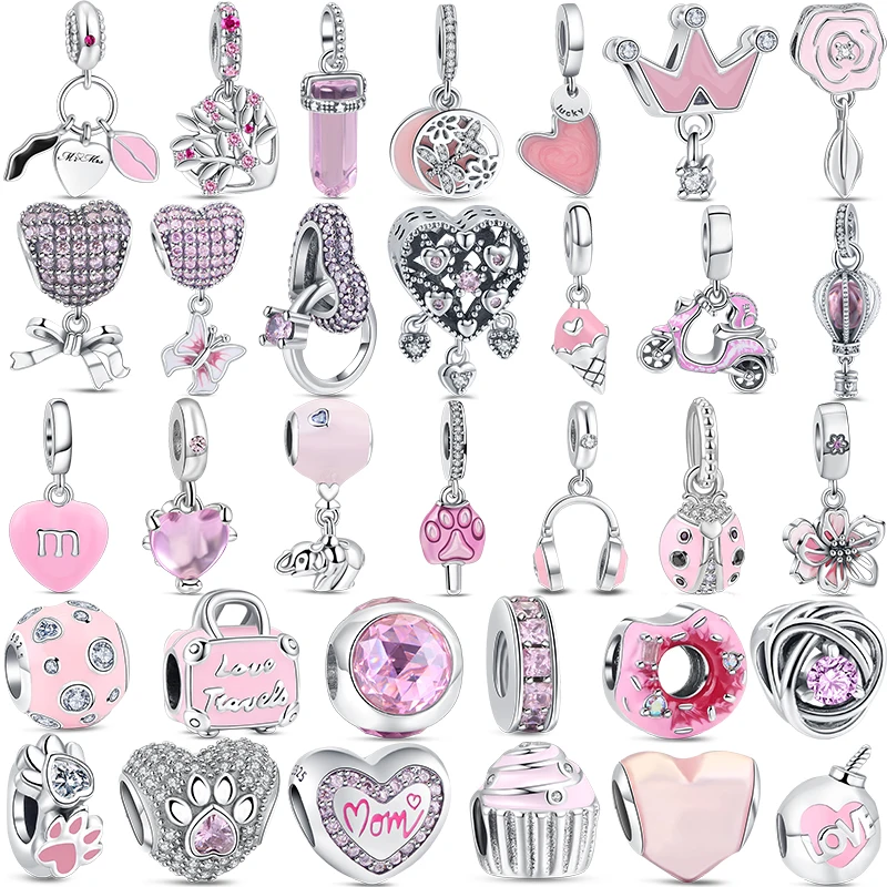 Fashion Charms Pink Color Series Bead 925 Sterling Silver Butterfly Heart Motorcycle Candy Pendent Fit Original Pandora Bracelet