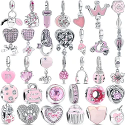 925 Sterling Silver Charms, rosa Color Series Bead, borboleta, coração, motocicleta, Candy Pendent, se encaixa pulseira Pandora original, moda